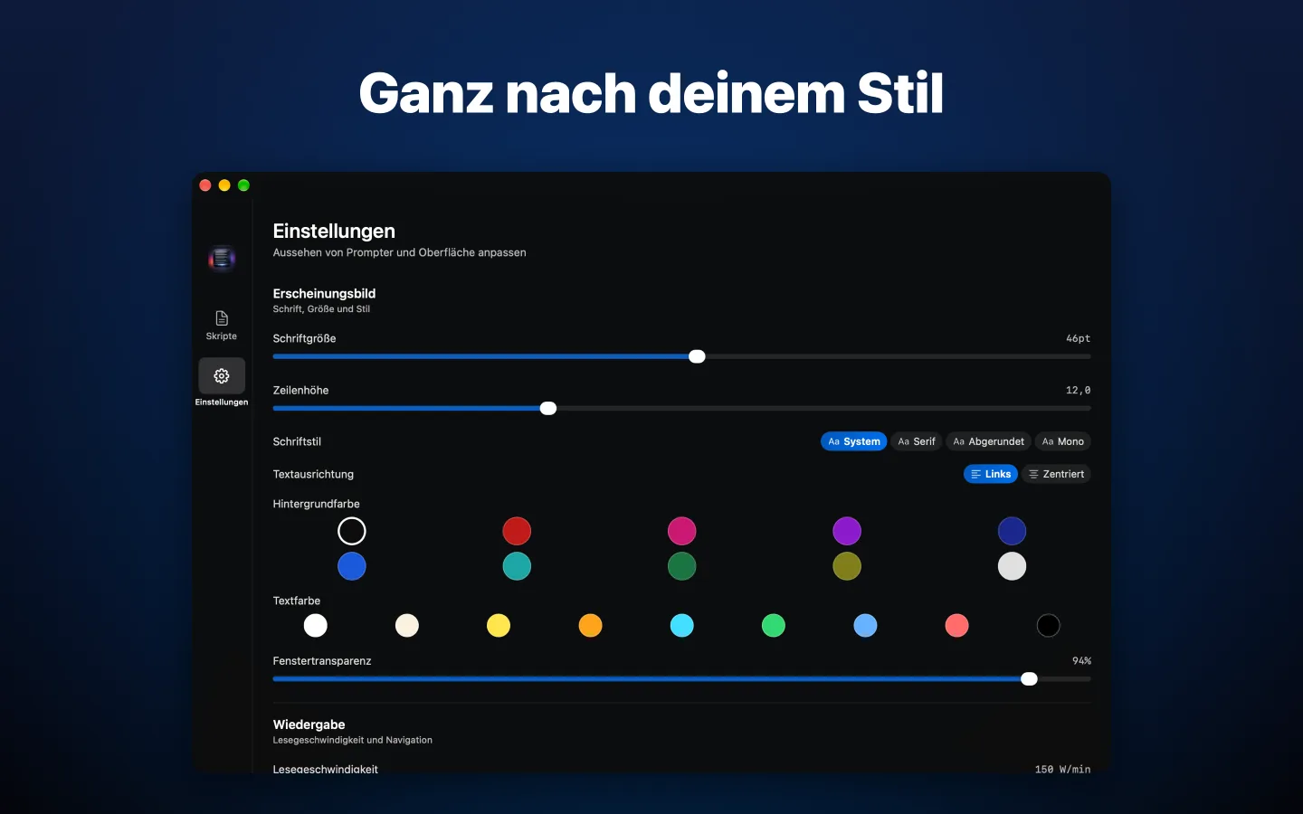Einstellungen zum Erscheinungsbild: Schriftgröße, Zeilenhöhe, Schriftstil und Farben