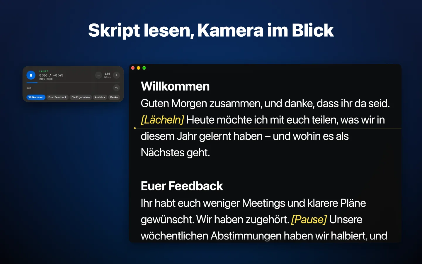 Der GlassCue-Prompter mit einem Skript, daneben das Infofenster mit den Zeiten