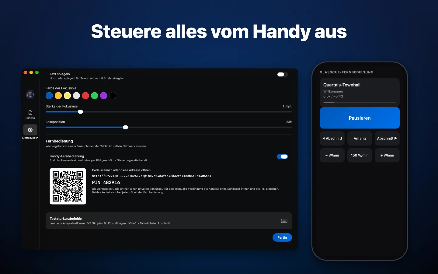 Einstellungen der Handy-Fernbedienung mit QR-Code, daneben die Steuerungsseite auf einem Handy
