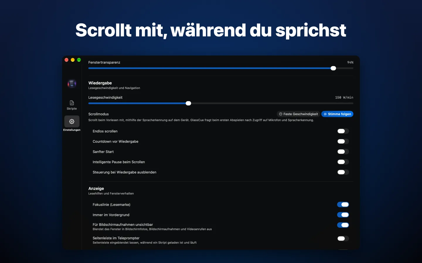 Einstellungen mit „Stimme folgen“ als Scrollmodus