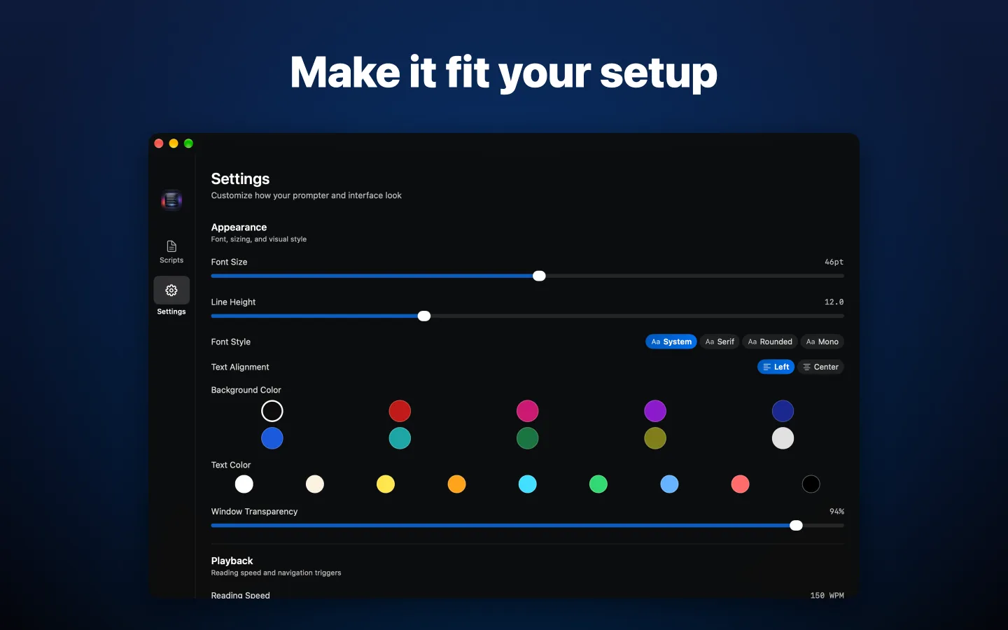 Appearance settings: font size, line height, font style, and colors