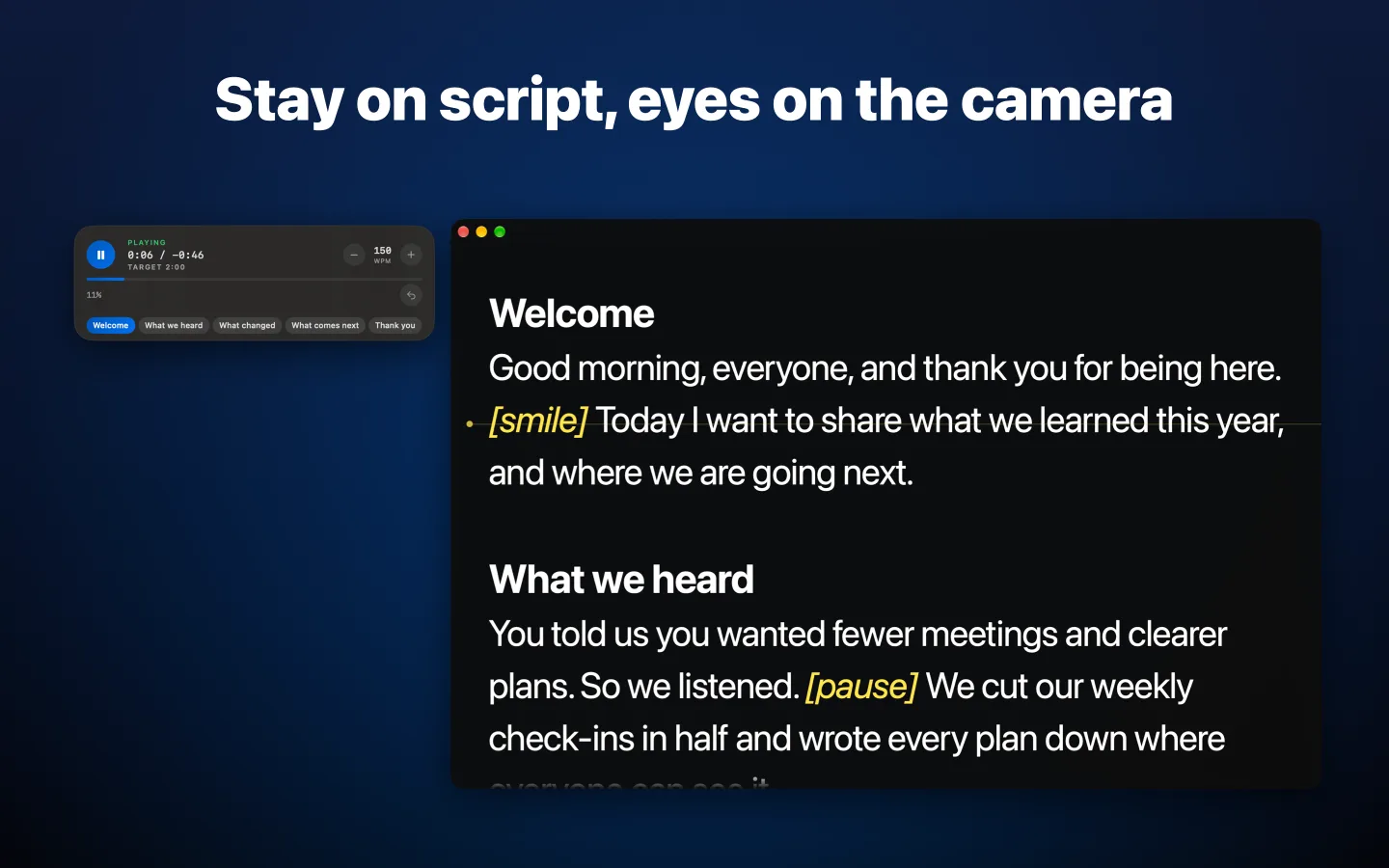 The GlassCue prompter reading a script, with the timing panel beside it