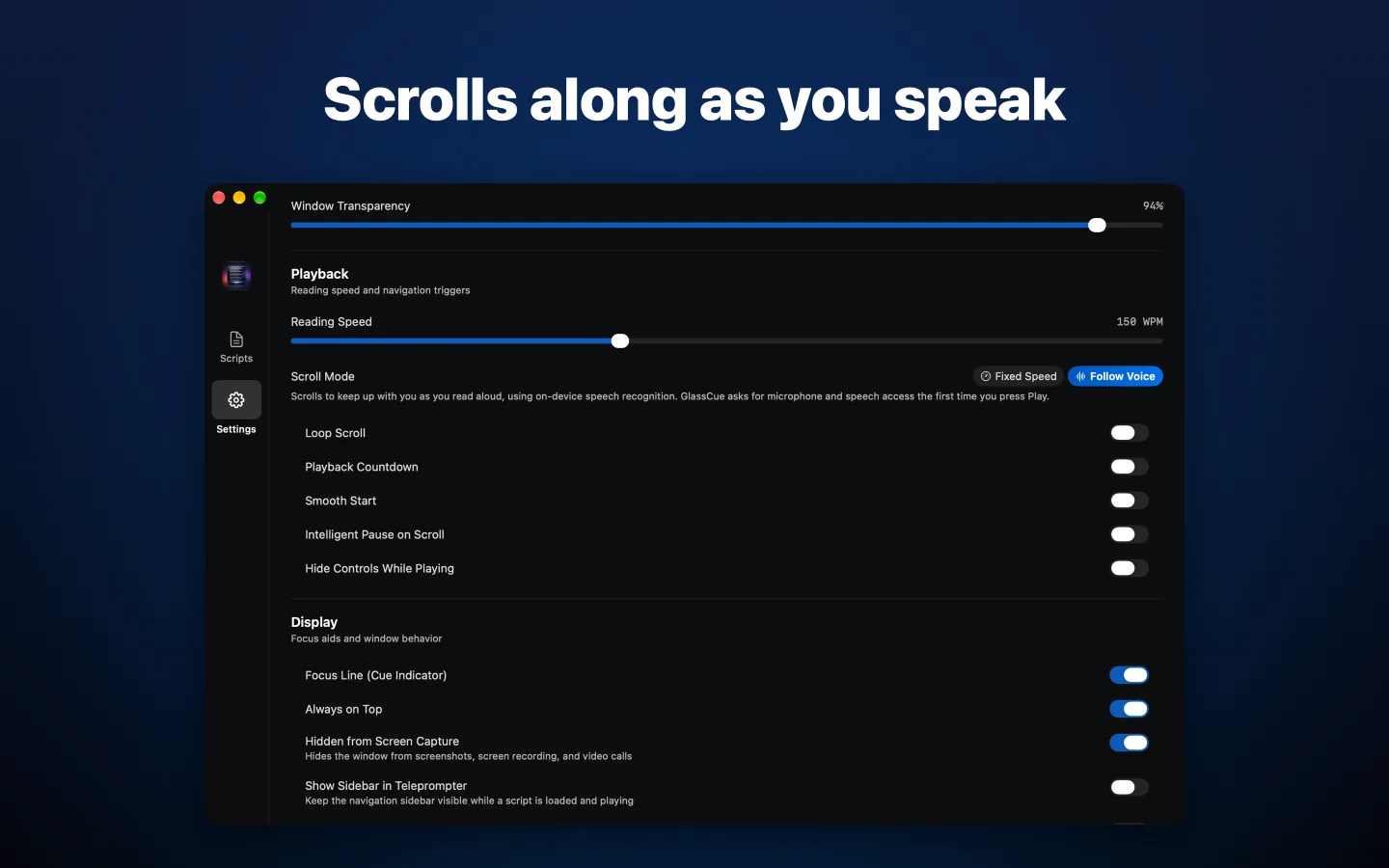 Settings with Follow Voice selected as the scroll mode