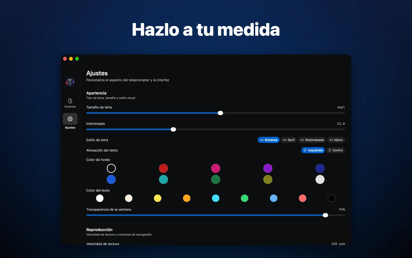 Ajustes de apariencia: tamaño de letra, interlineado, estilo de letra y colores