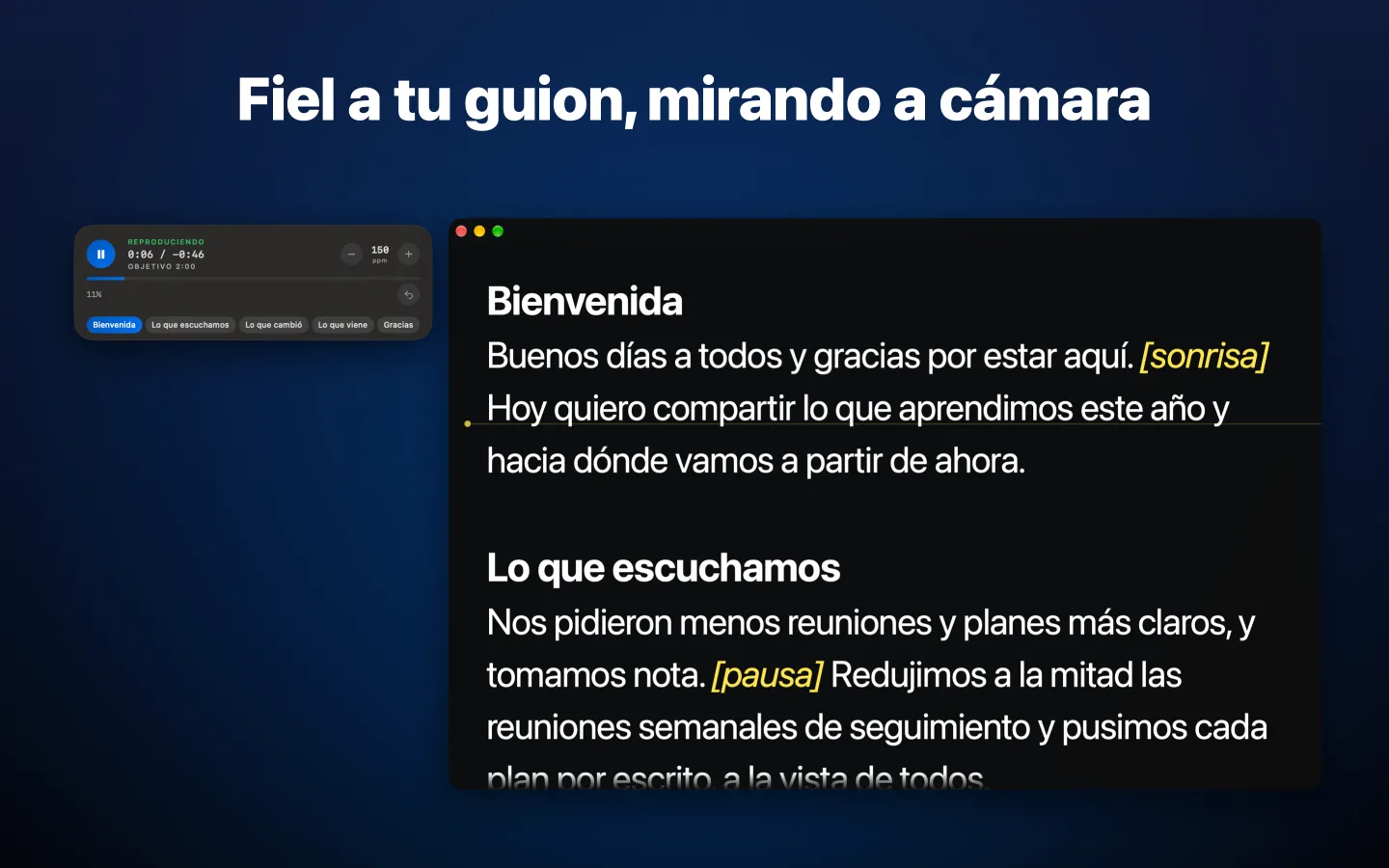 El teleprompter de GlassCue mostrando un guion, con el panel de tiempo al lado