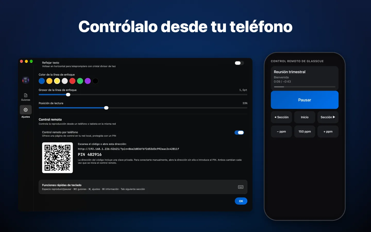 Ajustes de Control remoto por teléfono con un código QR, junto a la página de control en un teléfono