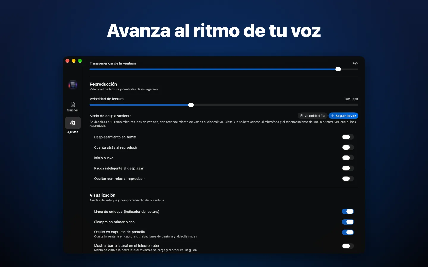 Ajustes con Seguir la voz seleccionado como modo de desplazamiento