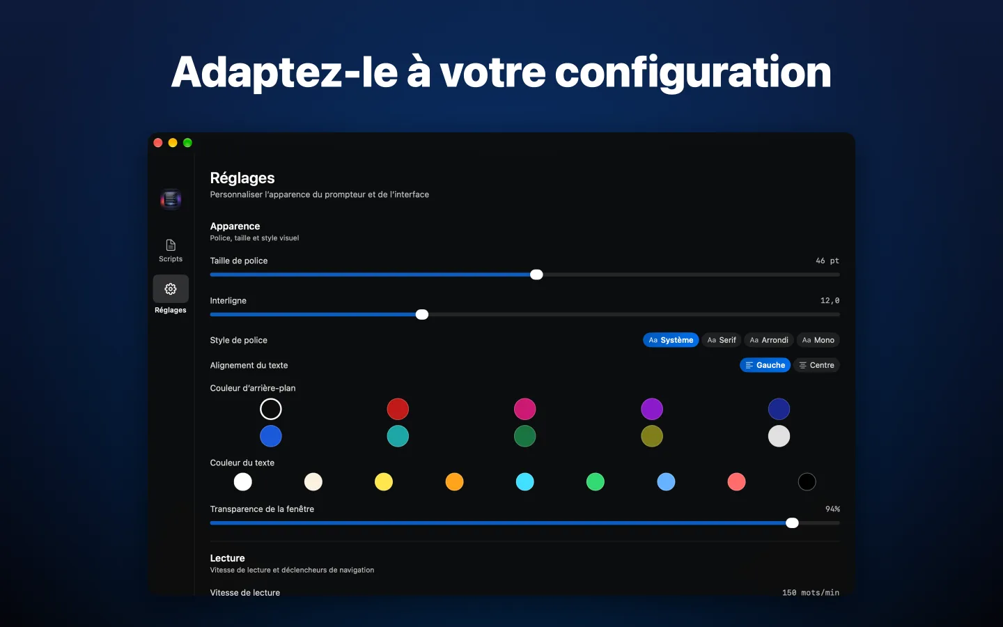 Réglages d’apparence : taille de police, interligne, style de police et couleurs