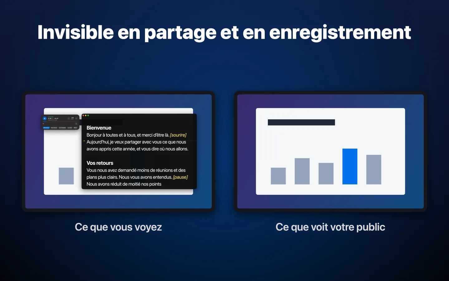 Côte à côte : le prompteur sur votre écran, et le même écran sans lui dans un enregistrement