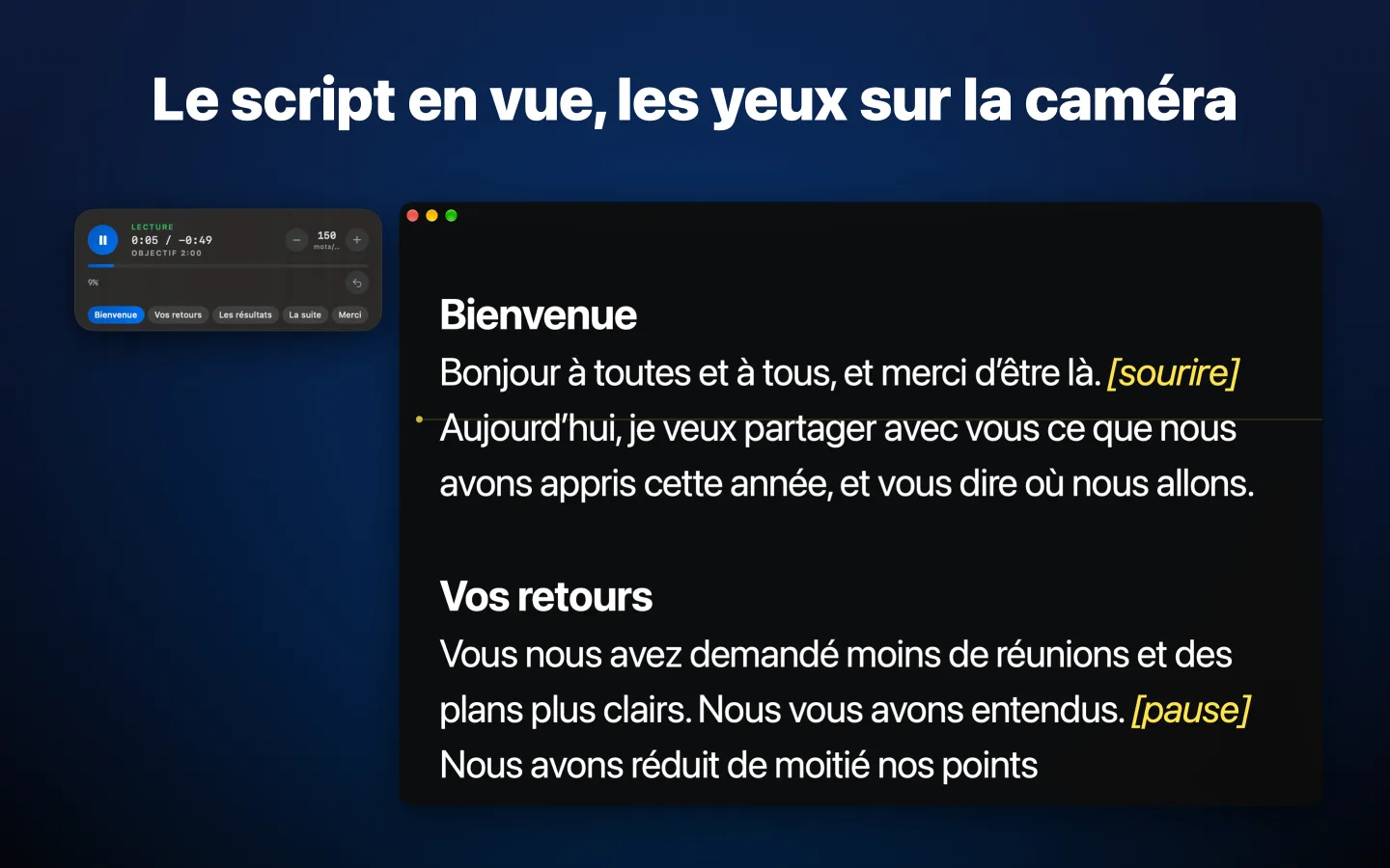 Le prompteur GlassCue affichant un script, avec le panneau de minutage à côté