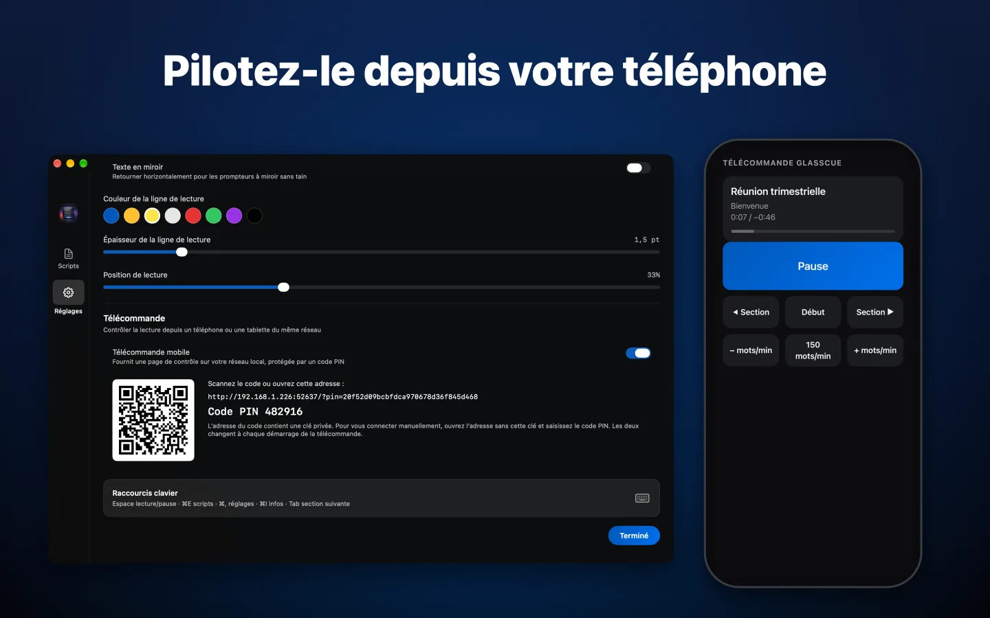 Les réglages de la Télécommande mobile avec un code QR, à côté de la page de la télécommande sur un téléphone
