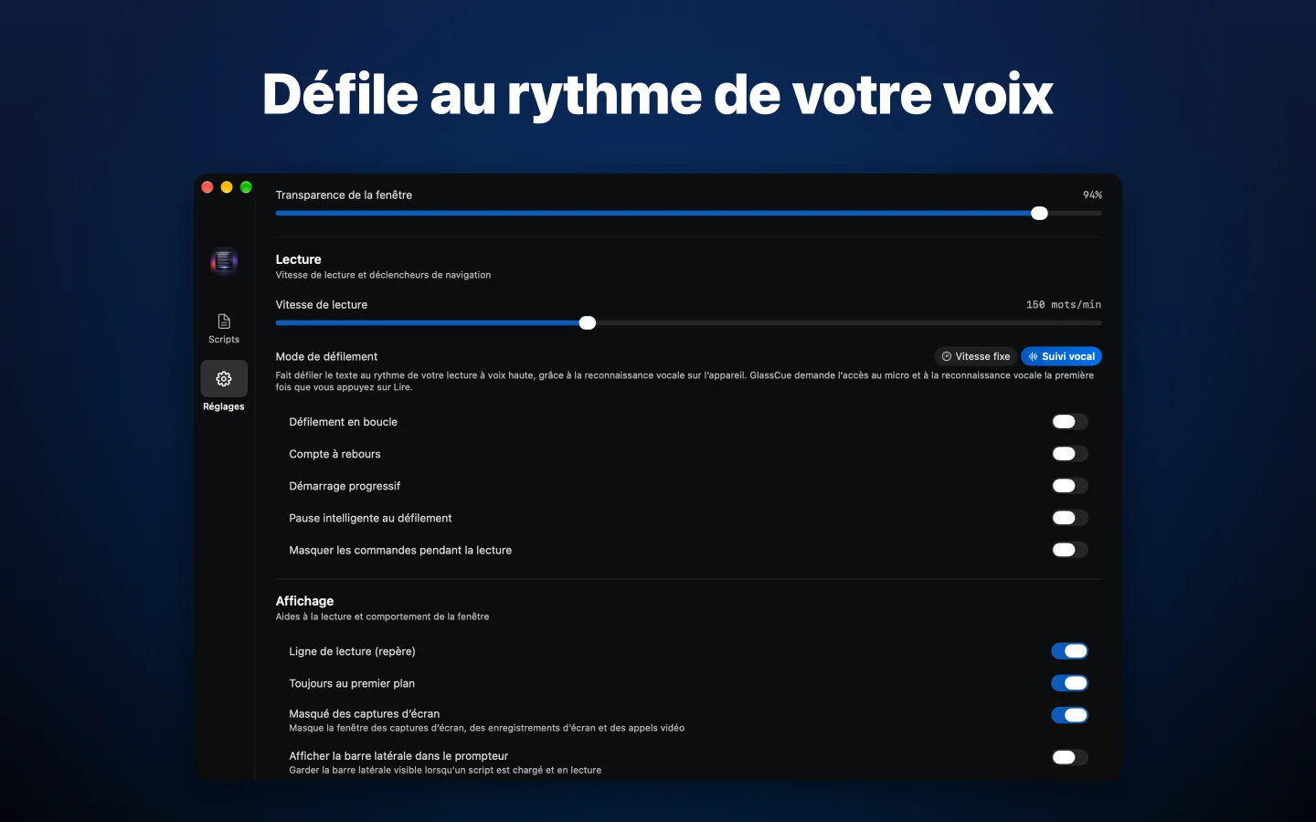 Les réglages, avec Suivi vocal choisi comme mode de défilement
