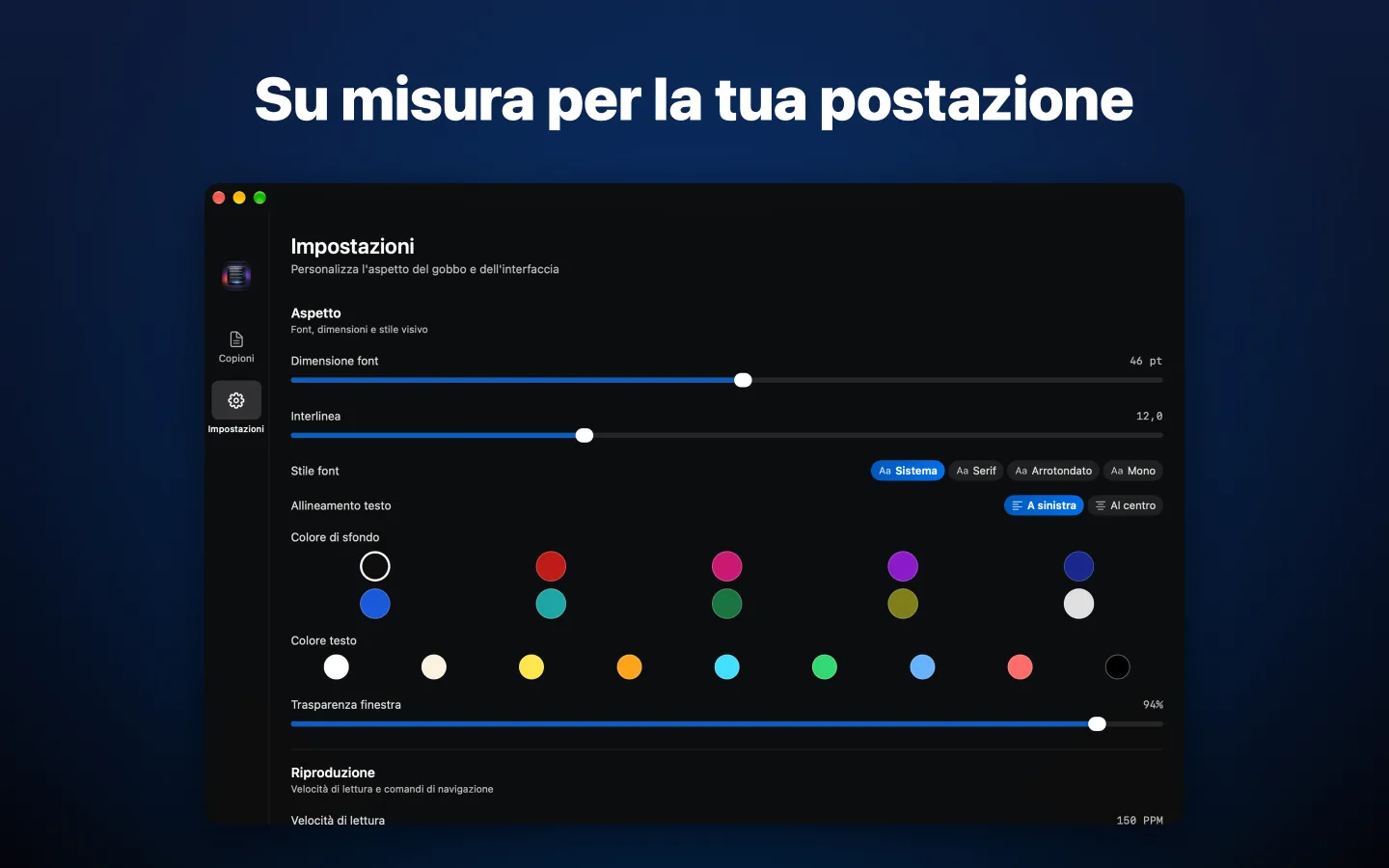 Impostazioni dell'aspetto: dimensione del font, interlinea, stile del font e colori