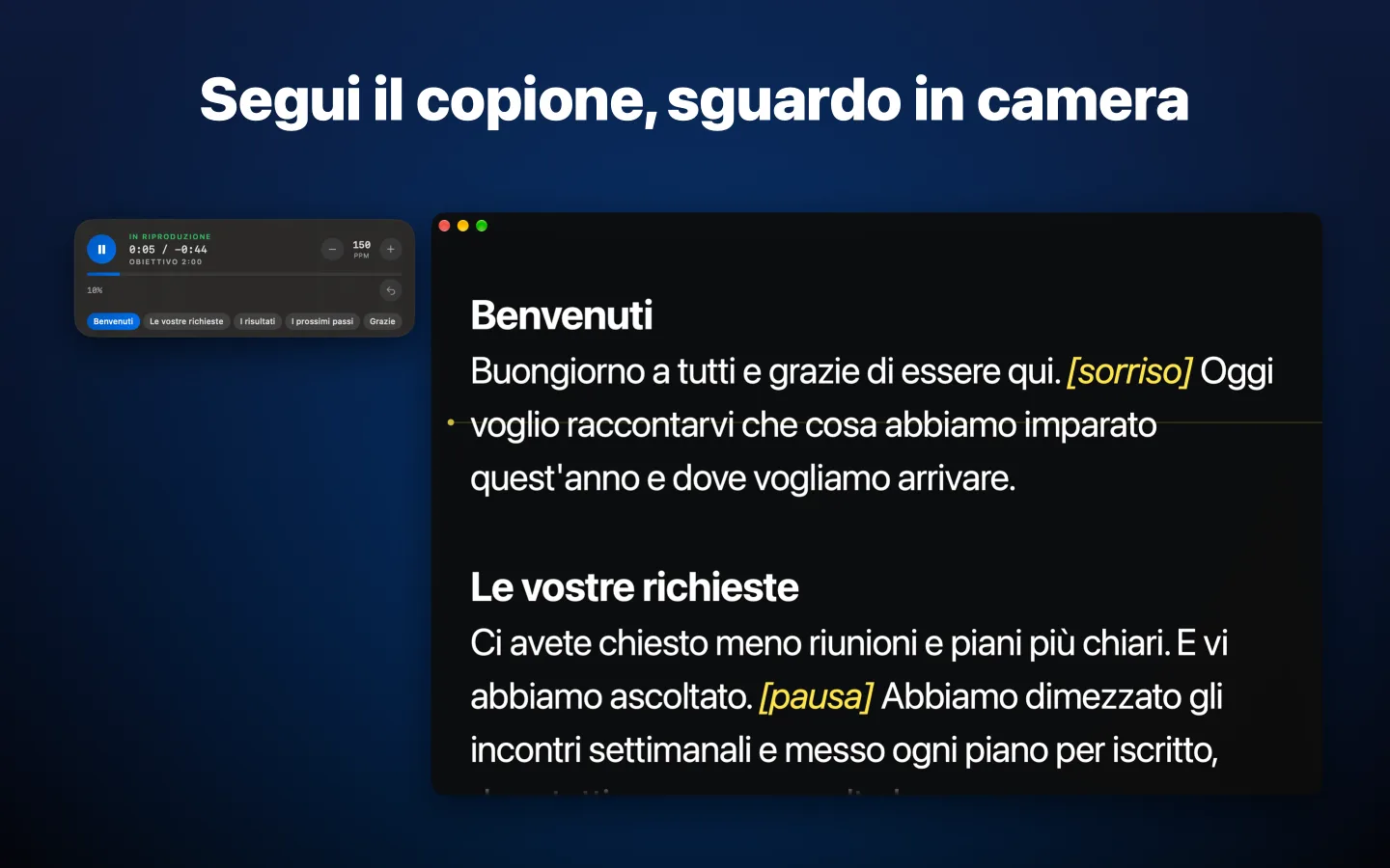 Il teleprompter di GlassCue mentre legge un copione, con il pannello dei tempi accanto