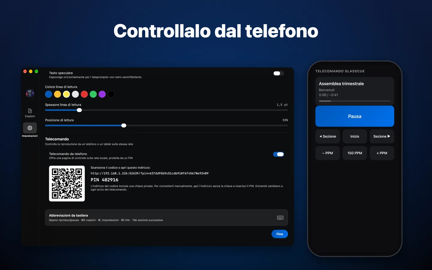 Impostazioni del telecomando da telefono con un codice QR, accanto alla pagina del telecomando su un telefono