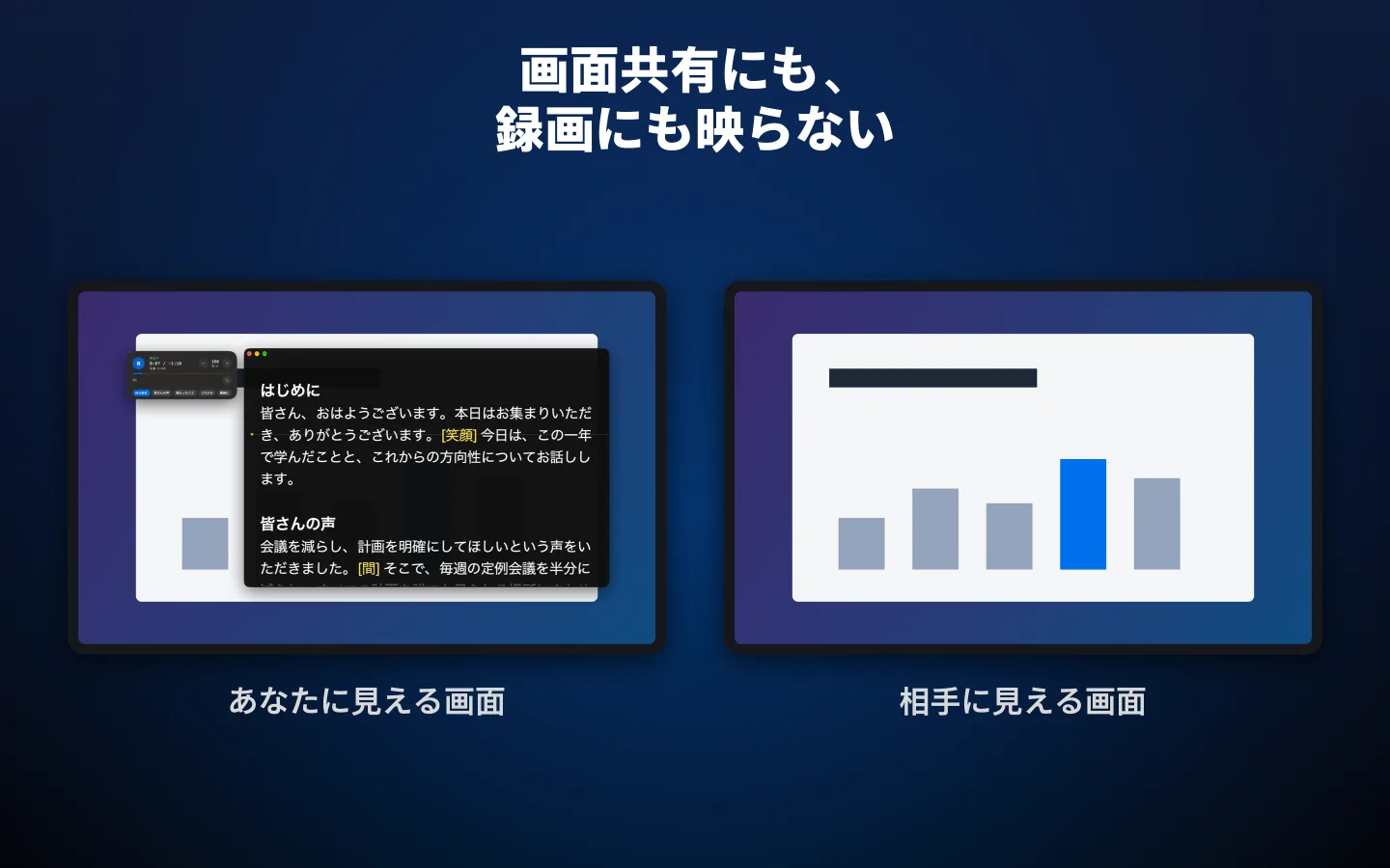 画面に表示されたプロンプターと、プロンプターが映っていない同じ画面の録画の比較