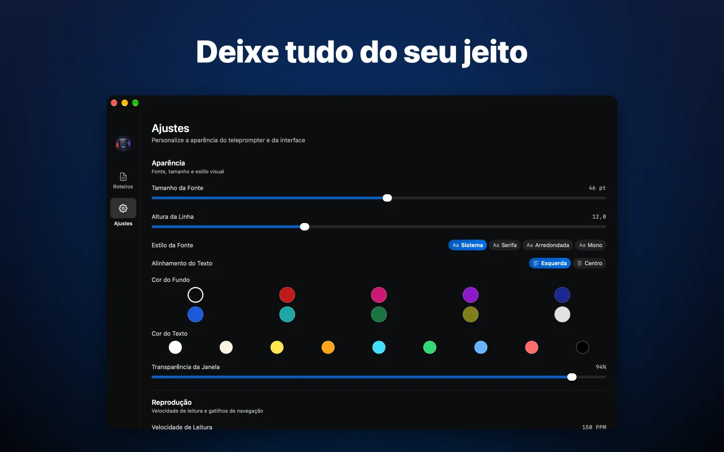 Ajustes de aparência: tamanho da fonte, altura da linha, estilo da fonte e cores