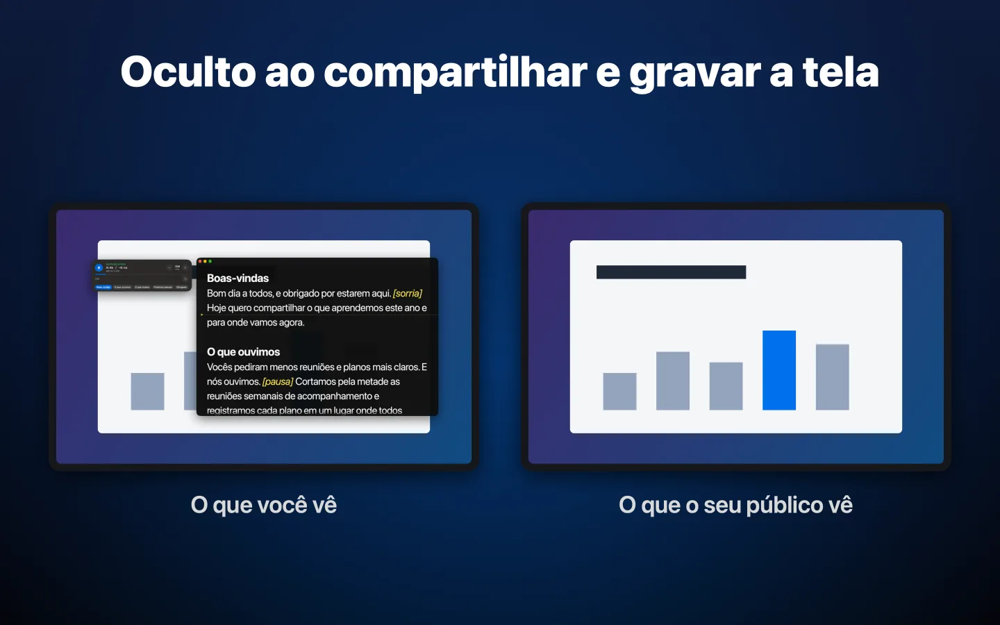Lado a lado: o teleprompter na sua tela e a mesma tela sem ele em uma gravação
