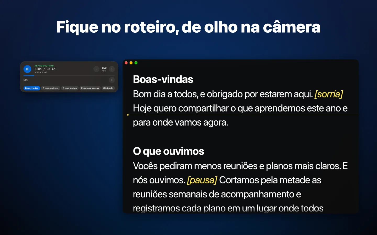 O teleprompter do GlassCue lendo um roteiro, com o painel de tempo ao lado