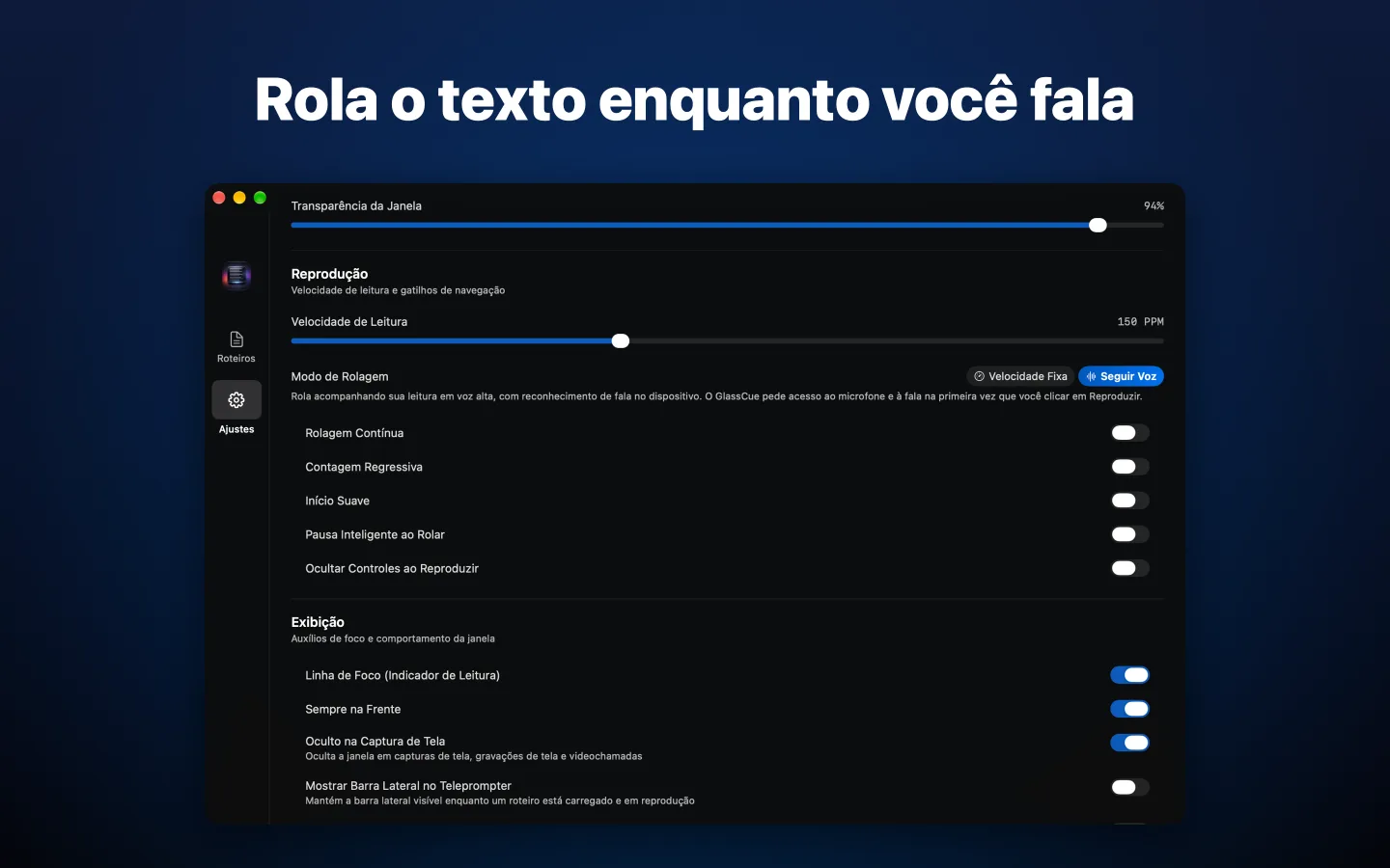 Ajustes com Seguir Voz selecionado como modo de rolagem