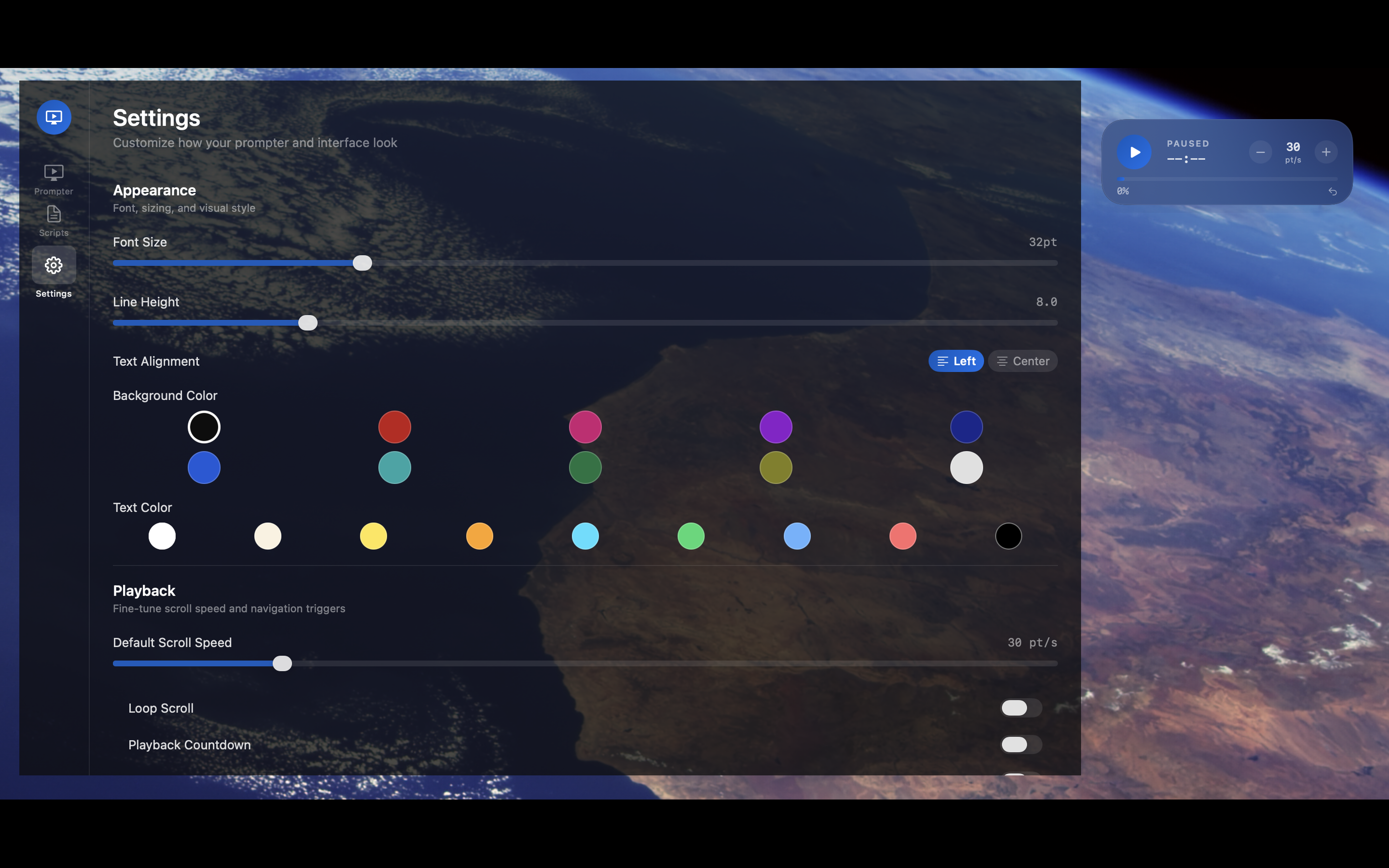 GlassCue settings panel