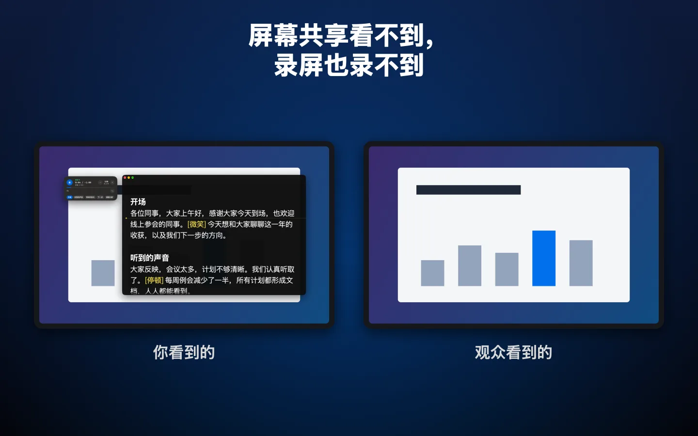 左右对比：屏幕上显示着提词器，而录制中的同一屏幕上没有它