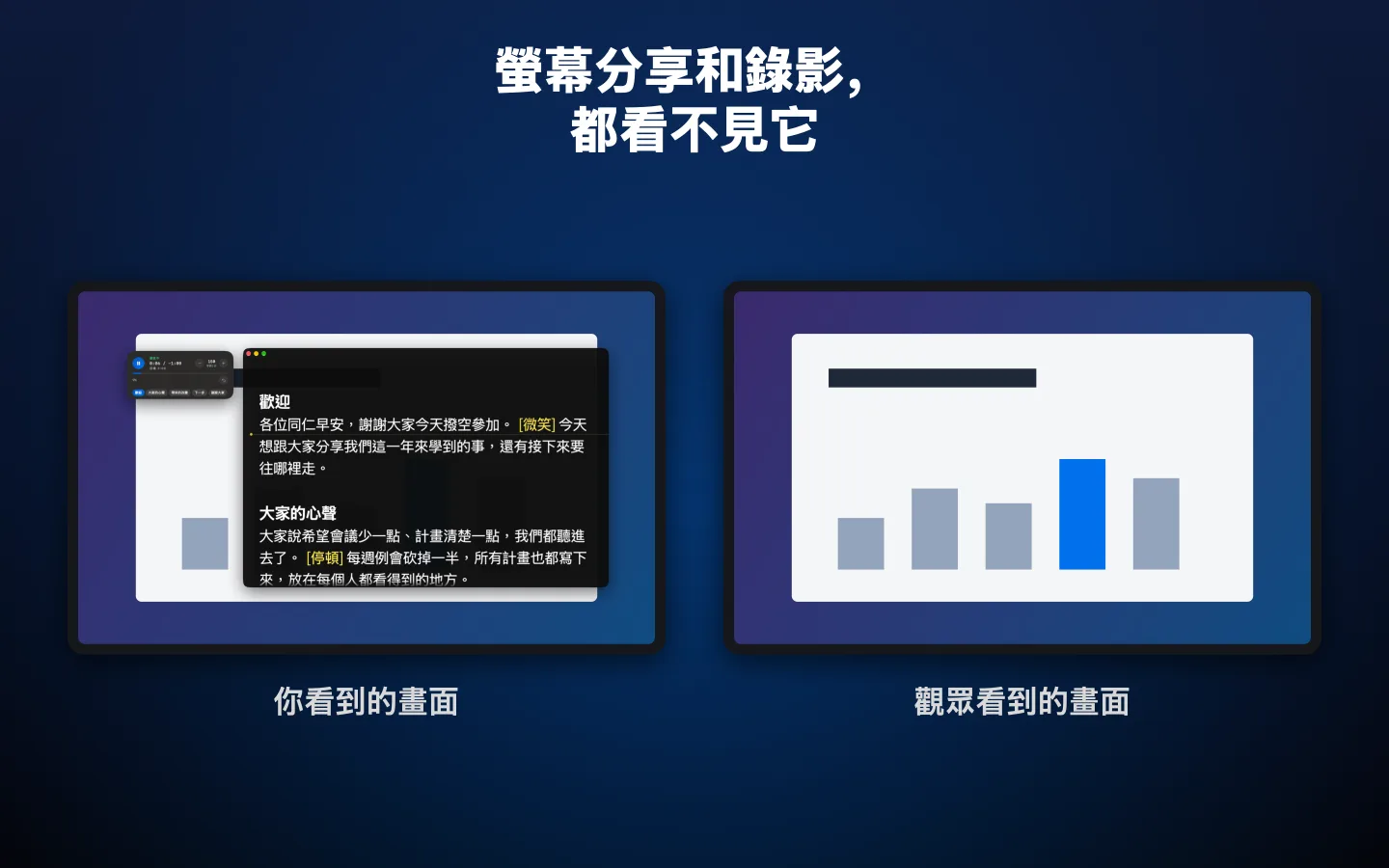 並排比較：你螢幕上的讀稿機，以及錄影中沒有讀稿機的同一個畫面